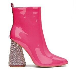 New Cape Robbin Biba Hot Pink Patent Leather Block Heel Rhinestone Boots Sz 7.5